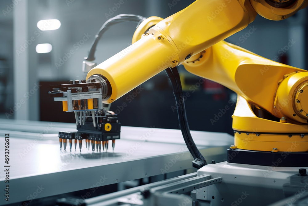 Robot arm working in assembly line industry. manufacturing factory, automatization with advanced technology and artificial intelligence Robot arm working in assembly line industry. manufacturing factory, automatization with advanced technology and artificial intelligence