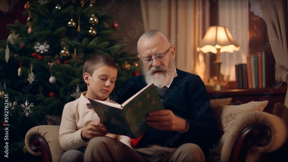 Grandfather and grandson reading book in Christmas eve at home, created with Generative AI Technology