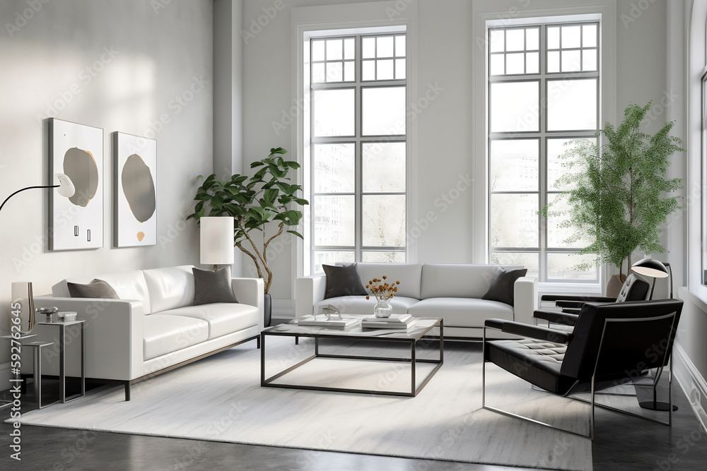 Stilvolles und modernes Wohnzimmer mit minimalistischem Design, Generative AI Stilvolles und modernes Wohnzimmer mit minimalistischem Design, Generative AI