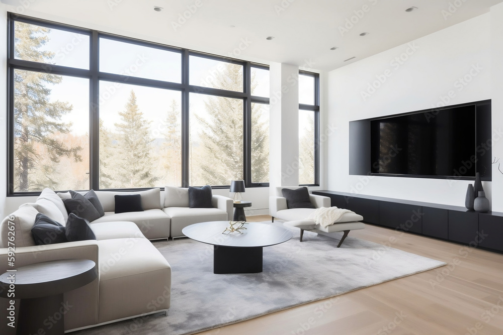 Fototapeta premium Stilvolles und modernes Wohnzimmer mit minimalistischem Design, Generative AI