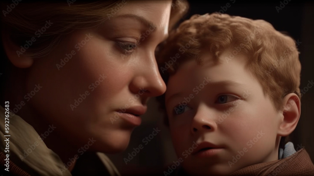 Closeup view on faces of mother and son in dramatic light, created with Generative AI Technology