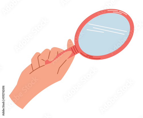 Human hand holding a mirror. Vector isolated flat illustration.