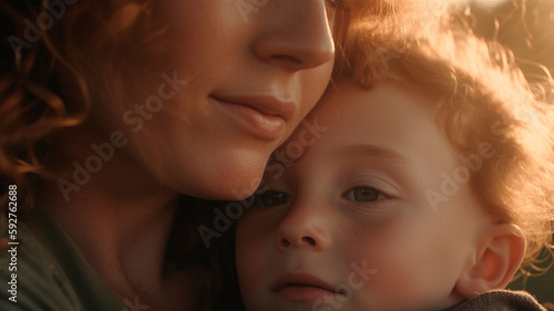 Closeup view on faces of mother and son in dramatic light, created with Generative AI Technology