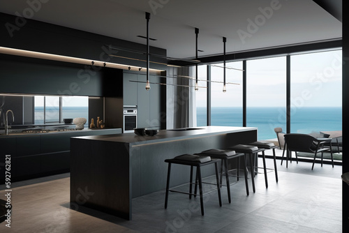 Modern luxury kitchen in villa with ocean beach view and large windows, concept of architecture and real estate inspiration or mock up.