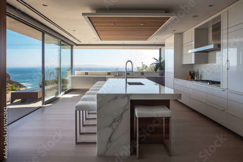 Modern luxury kitchen in villa with ocean beach view and large windows, concept of architecture and real estate inspiration or mock up.