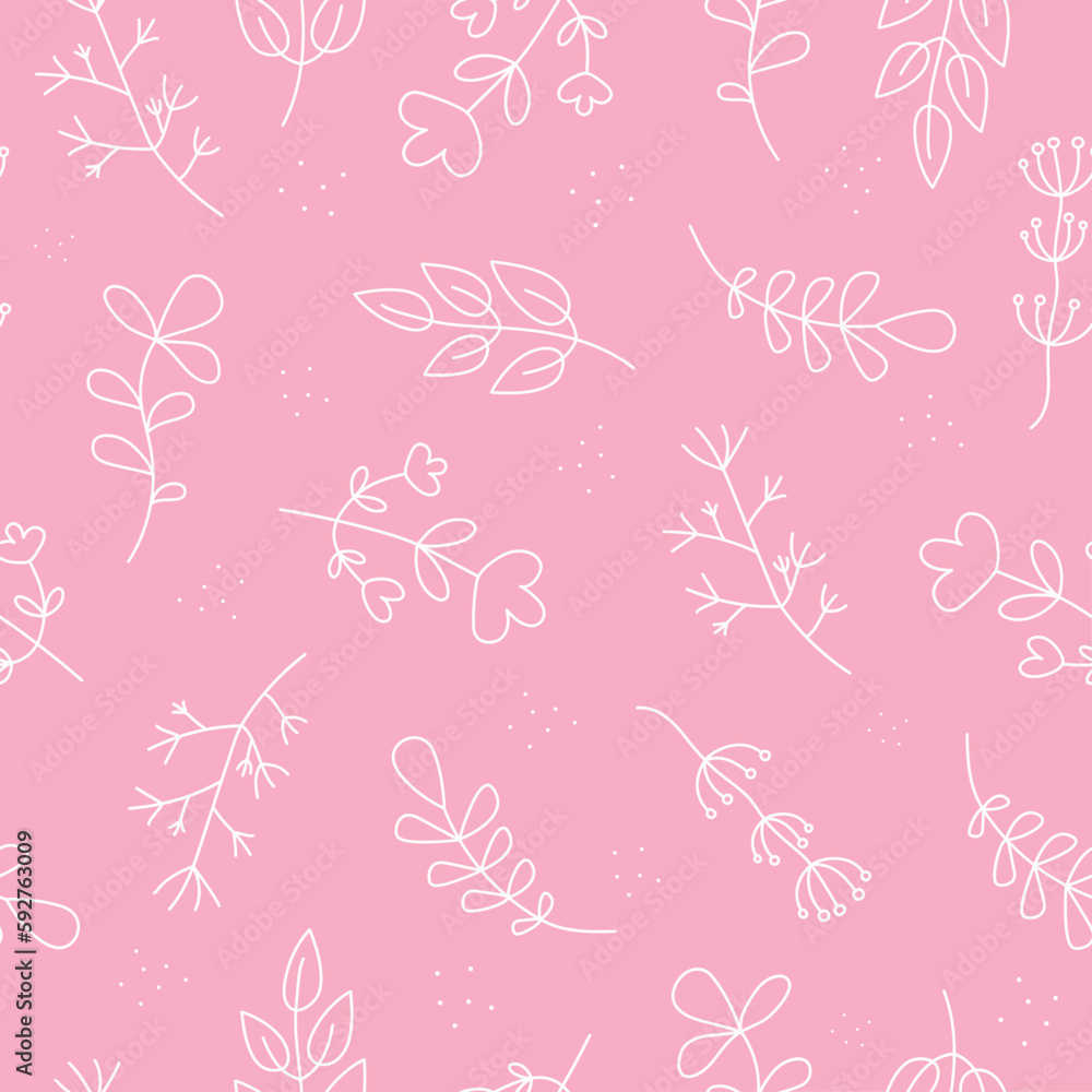 Pattern of flowers and leaves. Set of simple doodle style plant drawings. Collection , Abstract flower, branch, grass.  Flower branch , grass and minimalistic leaves . Painted by hand . Seamless .