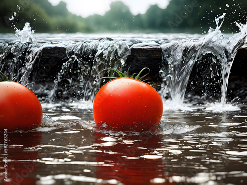 Red tomatoes fall into the water, splashing around. Black background. Ai generative. © Ivan
