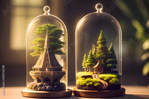 Fantasy diorama with a green tree and an elegant magic house under a glass dome. Ai generative.
