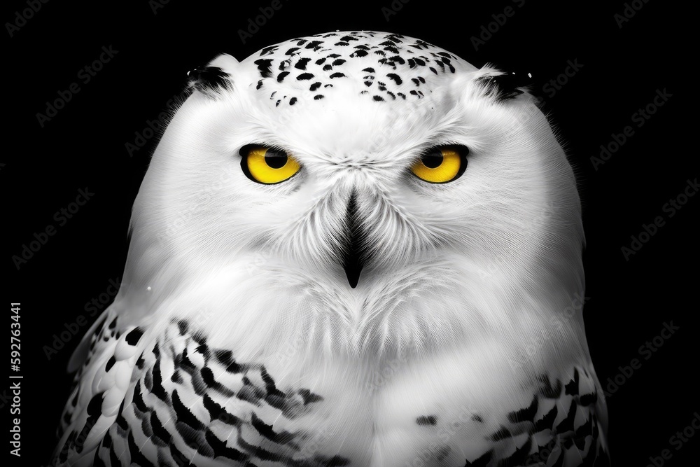 Fototapeta premium Black and white owl with dazzling golden eyes in a portrait. Generative AI