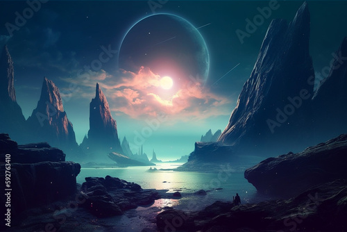 Sci-fi fantasy landscape inspirational background banner or wallpaper, generative ai © Artofinnovation