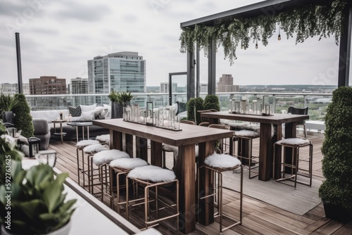 hic rooftop wedding venue with panoramic city views, trendy lounge seating, modern decor, and a stylish bar, offering a trendy urban setting for sophisticated city wedding celebration - Generative AI