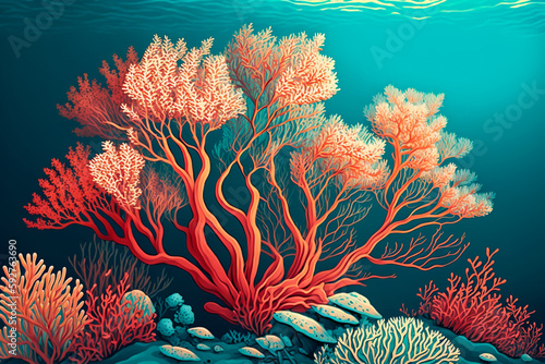 Colorful coral reef in the ocean with fish and sea life, background banner or wallpaper