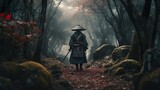 Samurai walking in a forrest. Generative AI