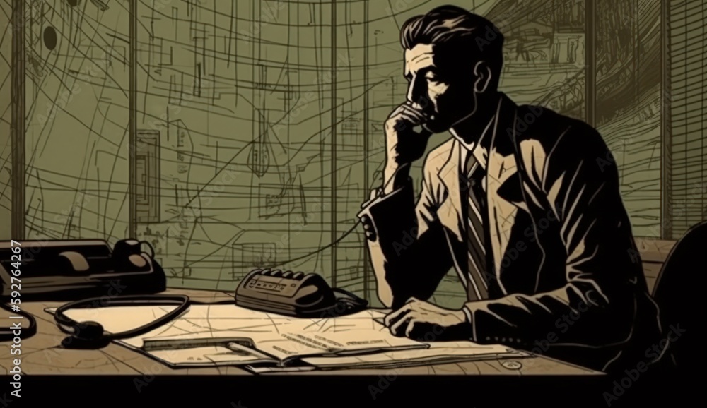 Cartoon Image of a Businessman Sitting at His Office Desk, Talking on ...
