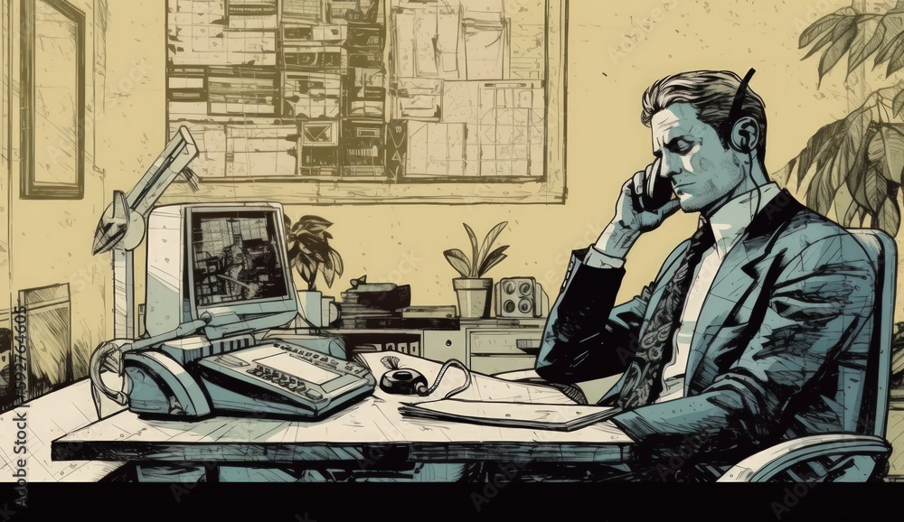 Cartoon Image of a Businessman Sitting at His Office Desk, Talking on ...