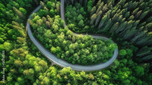 curvy road through green summer forest drone view