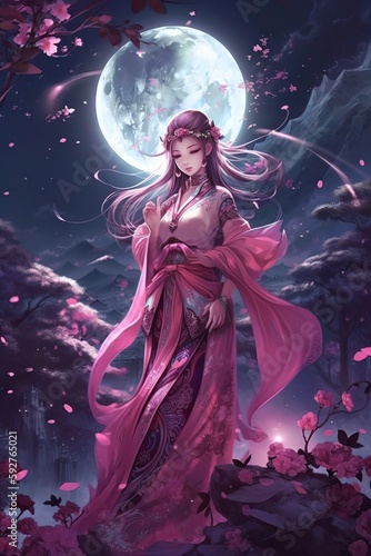 Japanese cartoon anime girl in a kimono dress in a field with sacura on a full moon made with generative AI