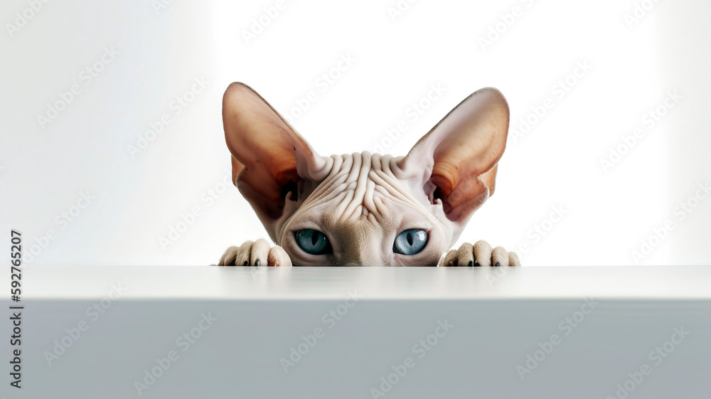 Sphynx Cat peeking out from behind a white table, on white background with copyspace.