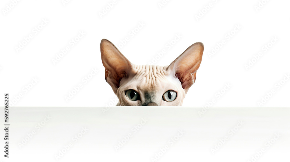 Sphynx Cat peeking out from behind a white table, on white background with copyspace. Sphynx Cat peeking out from behind a white table, on white background with copyspace.