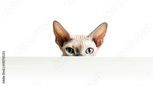 Sphynx Cat peeking out from behind a white table, on white background with copyspace. © Melipo-Art