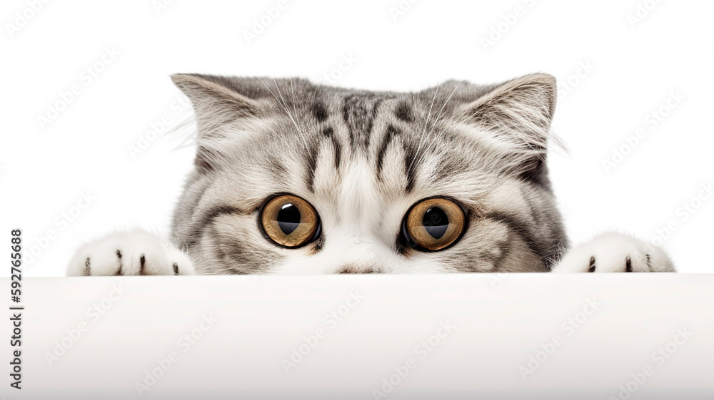 Scottish Fold Cat peeking out from behind a white table, on white background with copyspace.