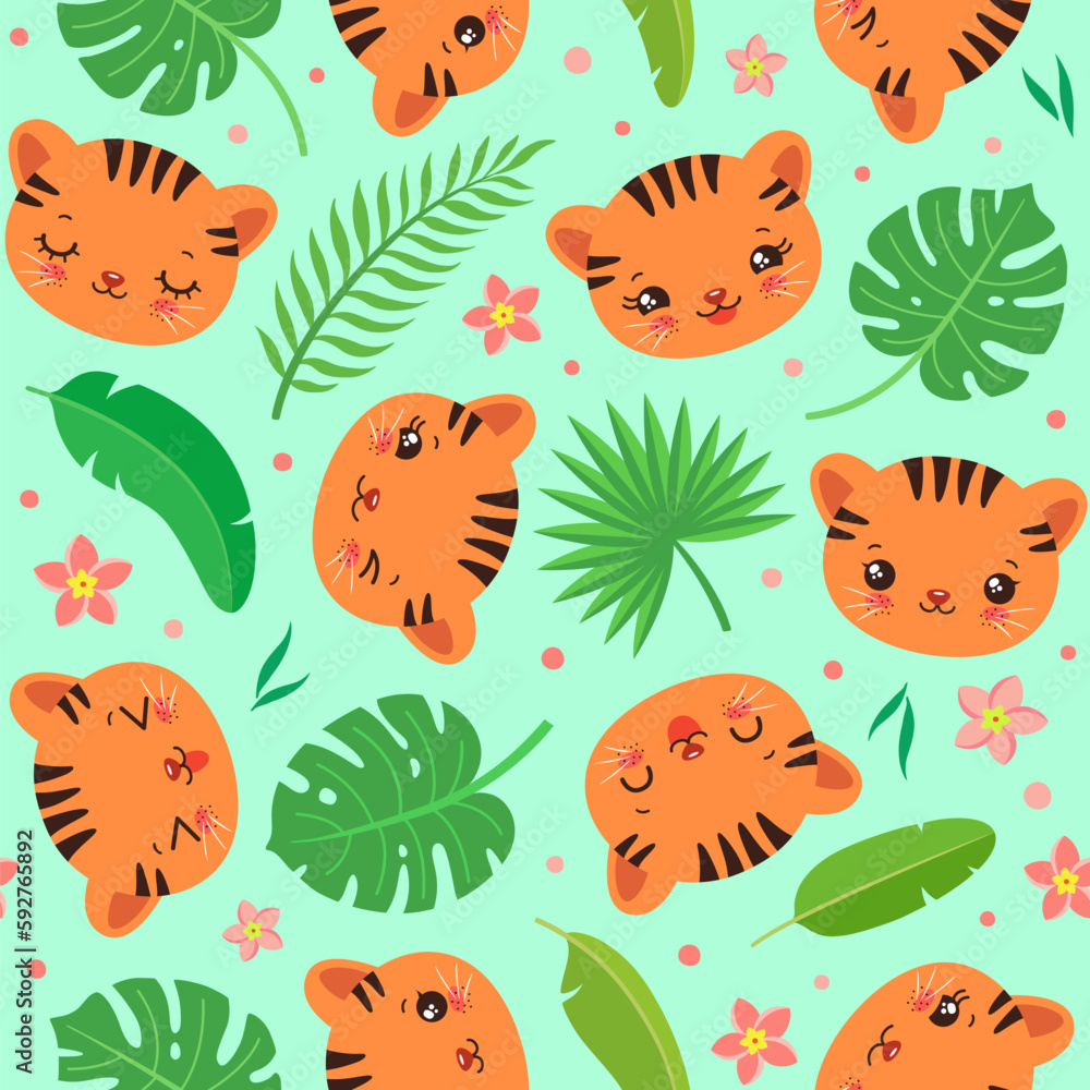 Obraz premium Cute tiger cub seamless pattern. Tiger face kawaii style. Cartoon safari animal head. Palm leaves and tropical flowers. Summer repeat design for children fashion print, textile fabric, paper, so on.
