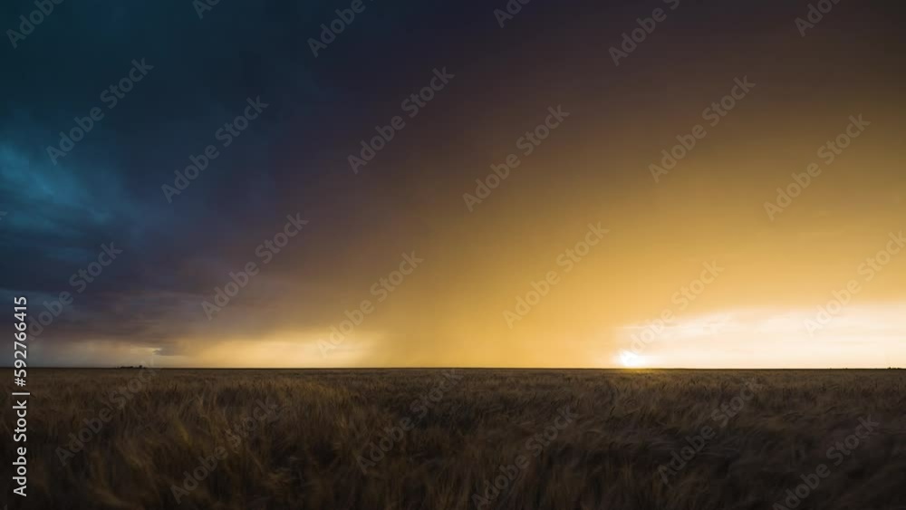 A Field of Wheat Sways in the Strong Winds Below a Colorful Stormy Sunset. A Field of Wheat Sways in the Strong Winds Below a Colorful Stormy Sunset.