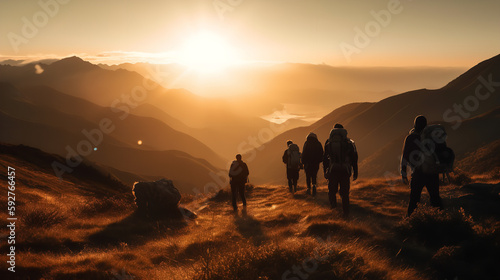 group of people walking in mountains