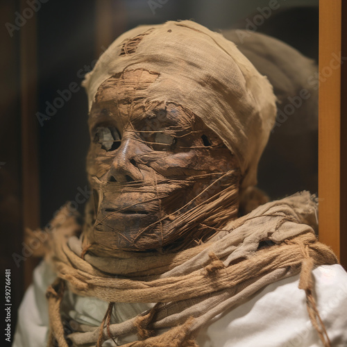 Fotografie, Obraz Egyptian human mummy wrapped in antique rags, close-up, horror, nightmare, ai ge