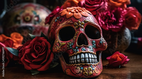 mexican style sugar skull and red roses decoration