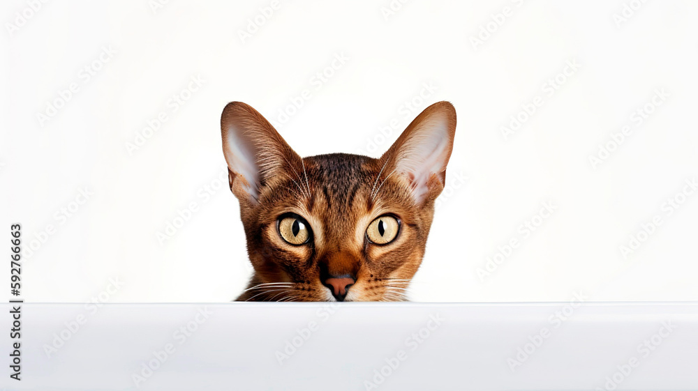 Abyssinian Cat peeking out from behind a white table, on white background with copyspace.