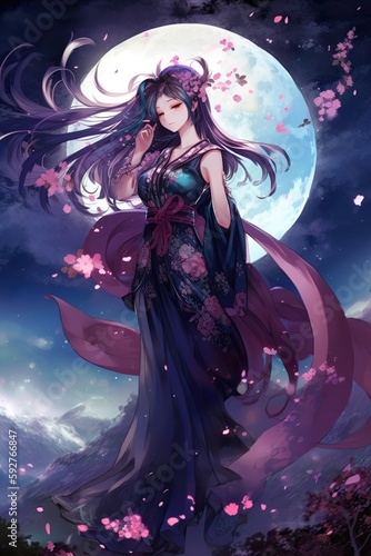 Japanese cartoon anime girl in a kimono dress in a field with sacura on a full moon made with generative AI