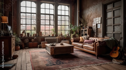 A rustic living room in an industrial style  filled with vintage decor and cozy textiles. Generative AI