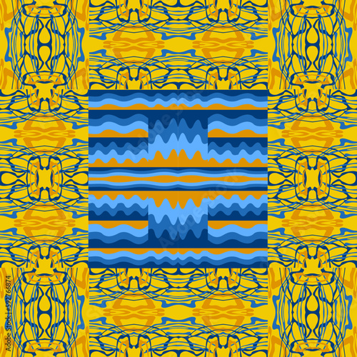 Traditional Ukrainian colors are yellow and blue. Abstract background with wavy relief lines. The beauty of natural relief lines in colorful horizontal lines. Wavy pattern of stripes of different thic