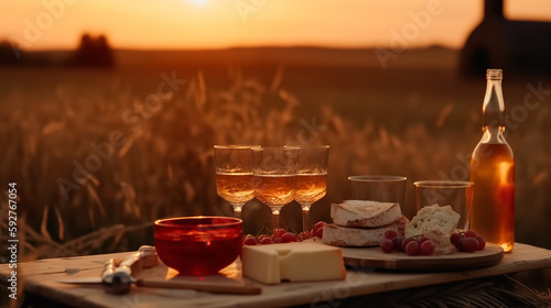 A red win glass and a cheese plate at beautiful sunset. an outdoor romantic picnis photo