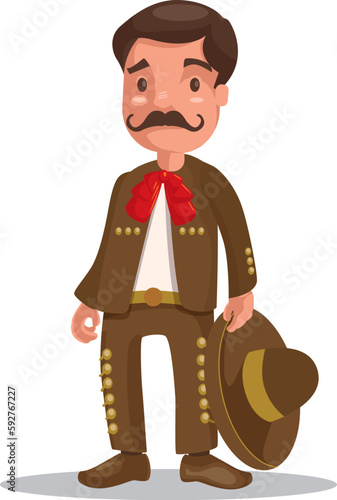 Ilustración en vectores de mariachi con traje café, sombrero mirando de frente
