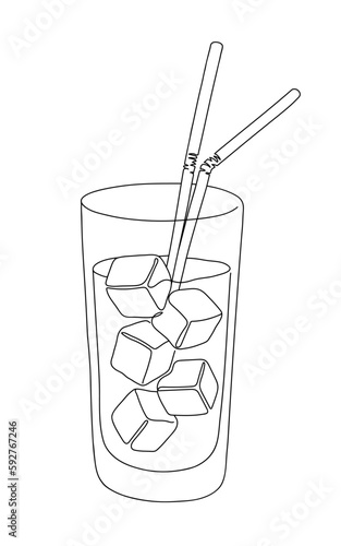 Drink Glass with ice cubes. Cocktail with straw line art style icon. Continuous line drawing vector illustration