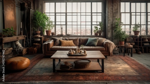 A rustic living room in an industrial style, filled with vintage decor and cozy textiles. Generative AI © keks20034