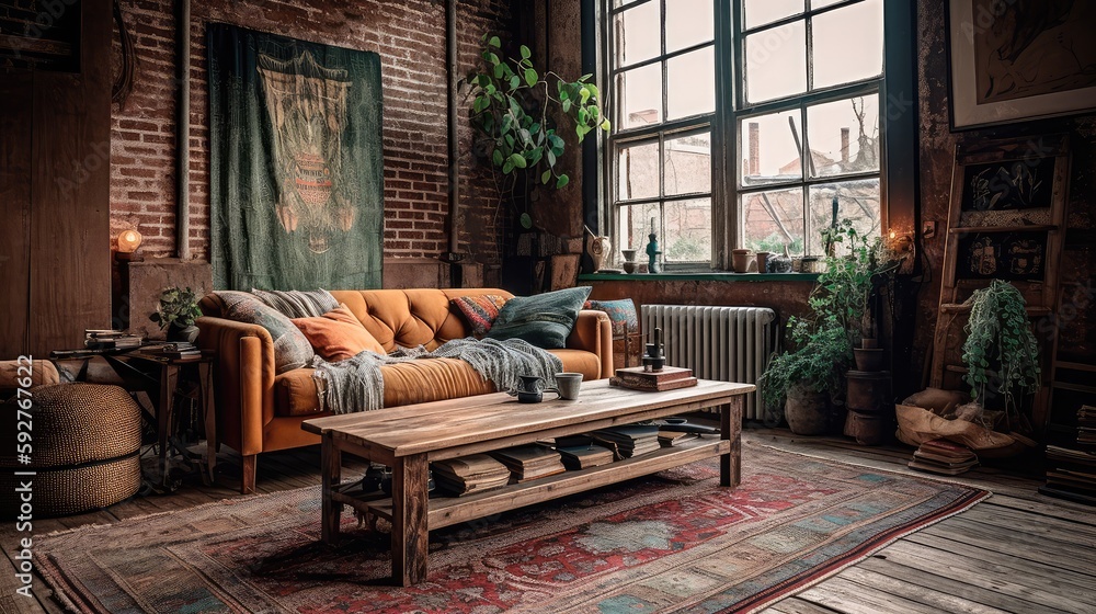 A rustic living room in an industrial style, filled with vintage decor and cozy textiles. Generative AI