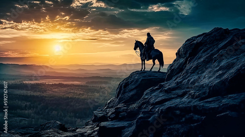 Man sitting on his horse on a mountain cliff looking out over the valley sunset painting illustration. AI generated art. © Carl Banks