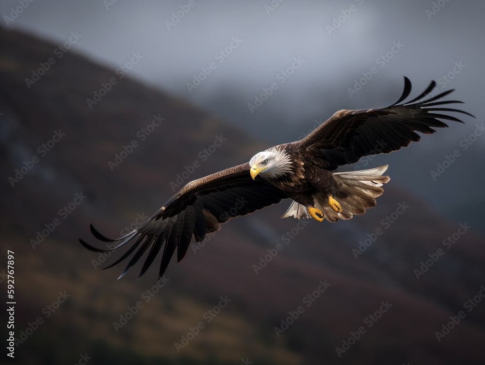 Obraz premium Eagle, Bird flying gracefully isolated blurred background of mountains - Generative AI