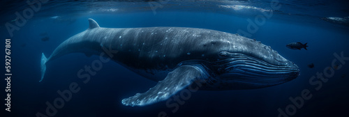 Blue Whale swimming near surface of deep dark blue ocean, global warming and animal conservation - Generative AI © Luca