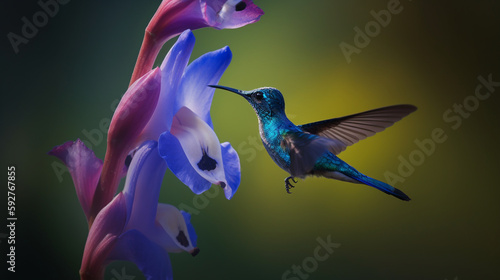 Blue humming bird eating nectar from purple flower, isolated blurred background - Generative AI