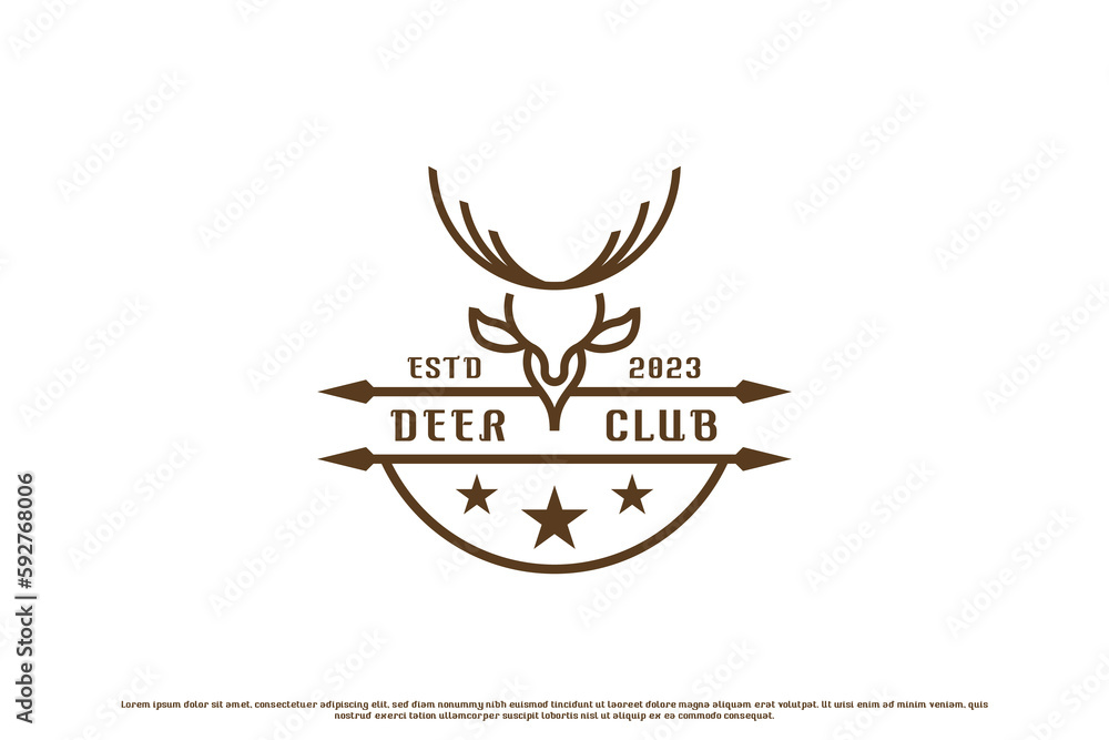 Deer club stamp logo design illustration. Deer head silhouette badge emblem forest animal hunting stamp. Forest animal deer hunter club design. Creative minimalist design in vintage retro old style. Deer club stamp logo design illustration. Deer head silhouette badge emblem forest animal hunting stamp. Forest animal deer hunter club design. Creative minimalist design in vintage retro old style.
