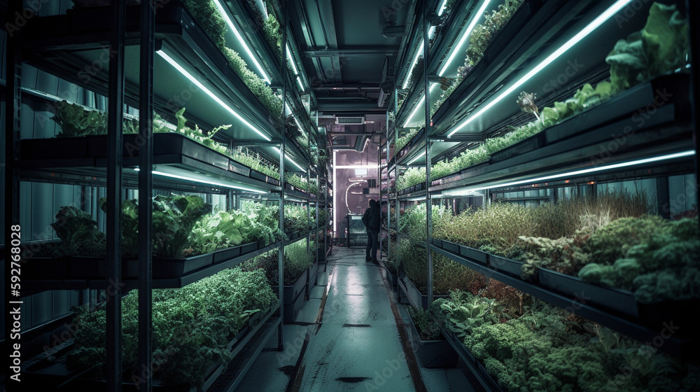 Modern futuristic warehouse, housing a shelf farming operation lit by neon lights in green and orange - Generative AI Modern futuristic warehouse, housing a shelf farming operation lit by neon lights in green and orange - Generative AI