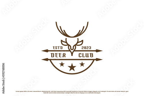 Deer club stamp logo design illustration. Deer head silhouette badge emblem forest animal hunting stamp. Forest animal deer hunter club design. Creative minimalist design in vintage retro old style.
