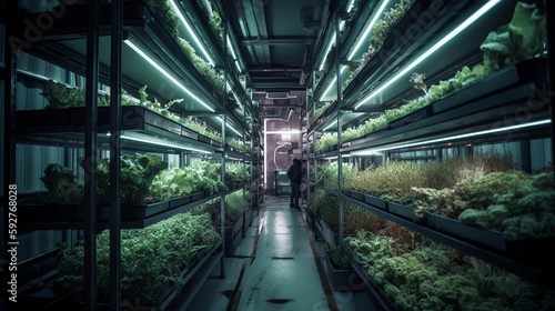 Modern futuristic warehouse, housing a shelf farming operation lit by neon lights in green and orange - Generative AI