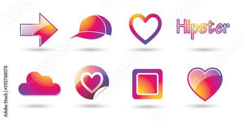Modern colorful 3D heart sign, hat, cloud, arrow, stars icons, sunglasses, hipster buttons set. Multimedia icon Isolated sport elements white background colorful illustration for soccer game design