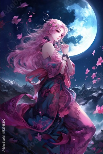 Japanese cartoon anime girl in a kimono dress in a field with sacura on a full moon made with generative AI