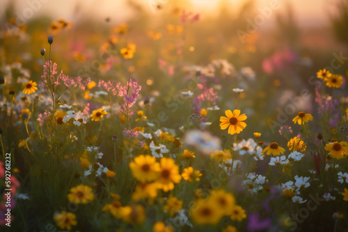 Field of flowers at golden hour, generative AI